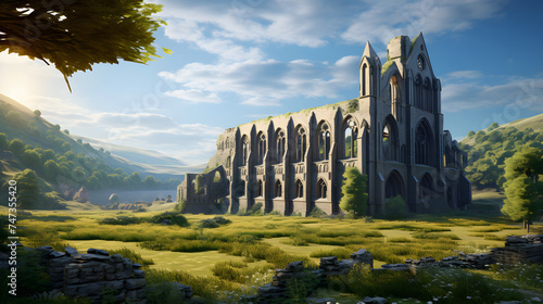 Majestic Abbey Amidst Rolling Green Hills under a Clear Blue Sky: A Testament to the Glory of a Bygone Era