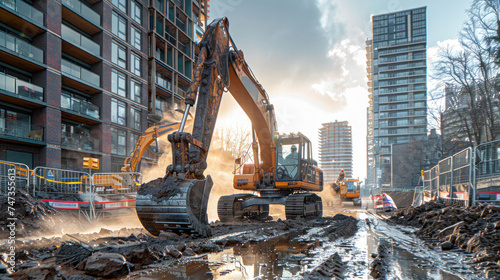 Construction Workers Operating Excavators at a Building Site, Heavy Machinery. photo