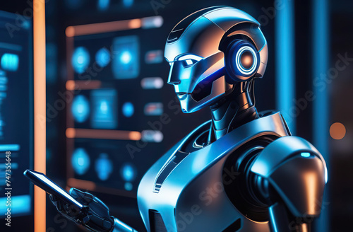 the robot with a glowing face is working on the touch screen, in the style of sci-fi environments, human connections, science academia 