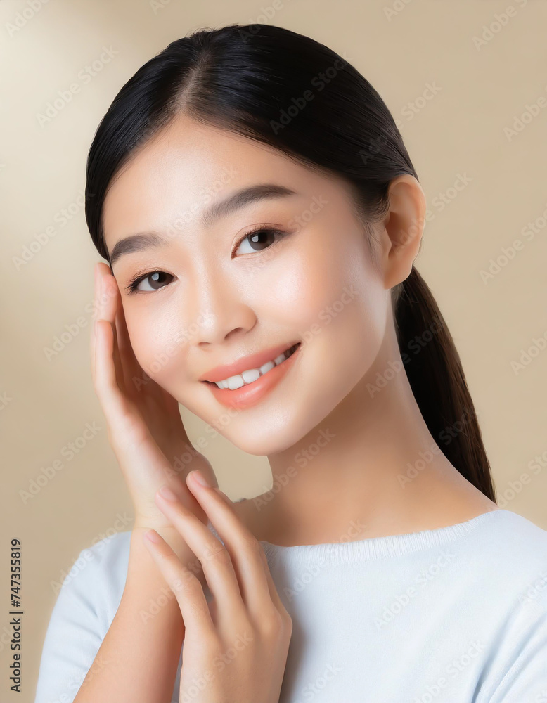 Skin care. Woman with beauty face touching healthy facial skin portrait. Beautiful smiling asian girl model with natural makeup touching glowing hydrated skin on blue background closeup Skin care. Woman with beauty face touching healthy facial skin portrait. Beautiful smiling asian girl model with natural makeup touching glowing hydrated skin on blue background closeup