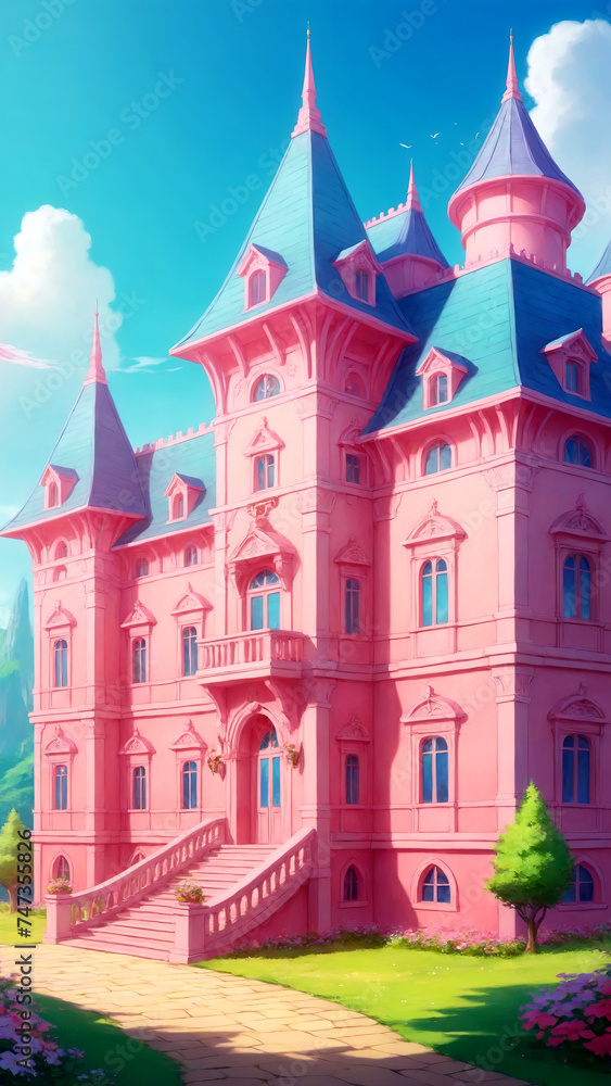 Pink fairytale castle with blue sky and white clouds