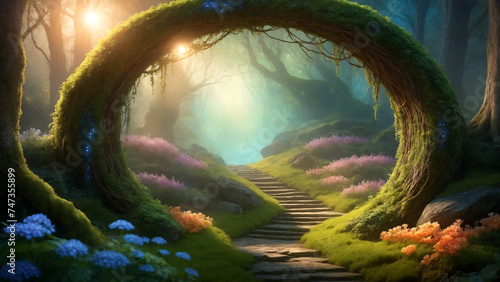 Mystical fantasy landscape with pathway in the forest #747355899