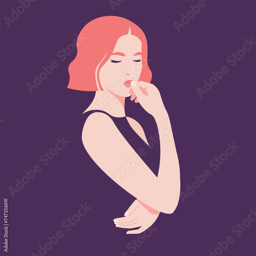 A young red-haired woman thinks and makes a decision. Portrait of a student standing with her eyes closed. Problems and their solution. Vector flat illustration