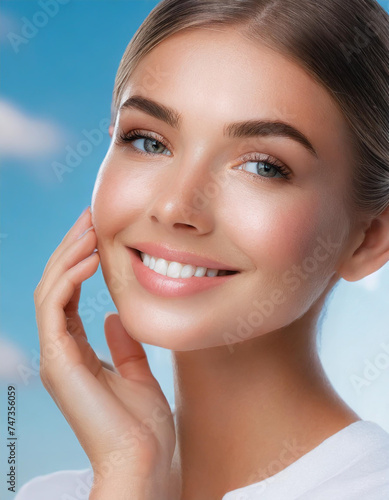 Skin care. Woman with beauty face touching healthy facial skin portrait. Beautiful smiling asian girl model with natural makeup touching glowing hydrated skin on blue background closeup