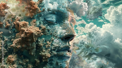 An artistic representation blending a human face with a dreamy cloudscape, symbolizing introspection and creativity.