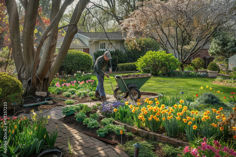 Landscapers transforming a garden into a vibrant spring oasis