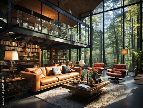 Mid-century loft home interior design of modern living room in house in forest 