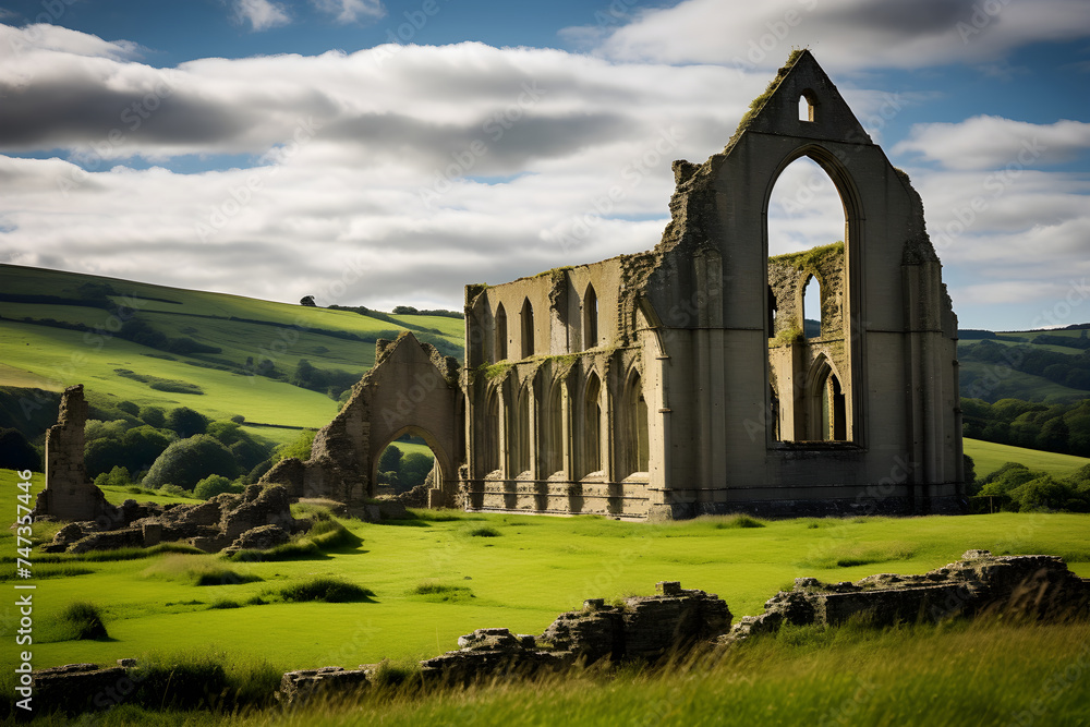 Majestic Abbey Amidst Rolling Green Hills under a Clear Blue Sky: A Testament to the Glory of a Bygone Era