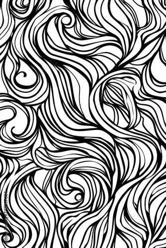 Wavy Hair in Black and White, coloring page