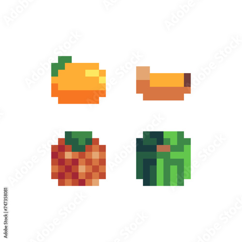 Tropical fruit pixel art icons set  mango  banana  pineapple and watermelon. Design for stickers  logo  web and mobile app. Isolated vector illustration. 8-bit sprite game assets.