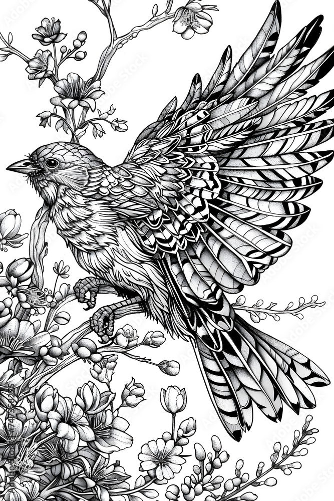 Bird Perched on Tree Branch, coloring page