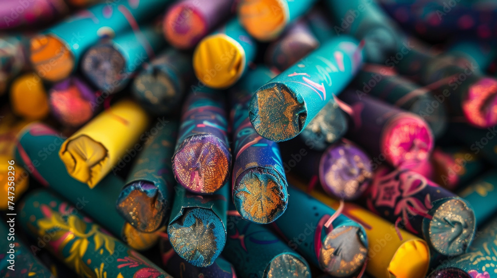 A pile of fireworks with vibrant colors and designs waiting to be set off.