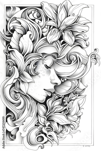 Woman With Flowers in Her Hair, coloring page