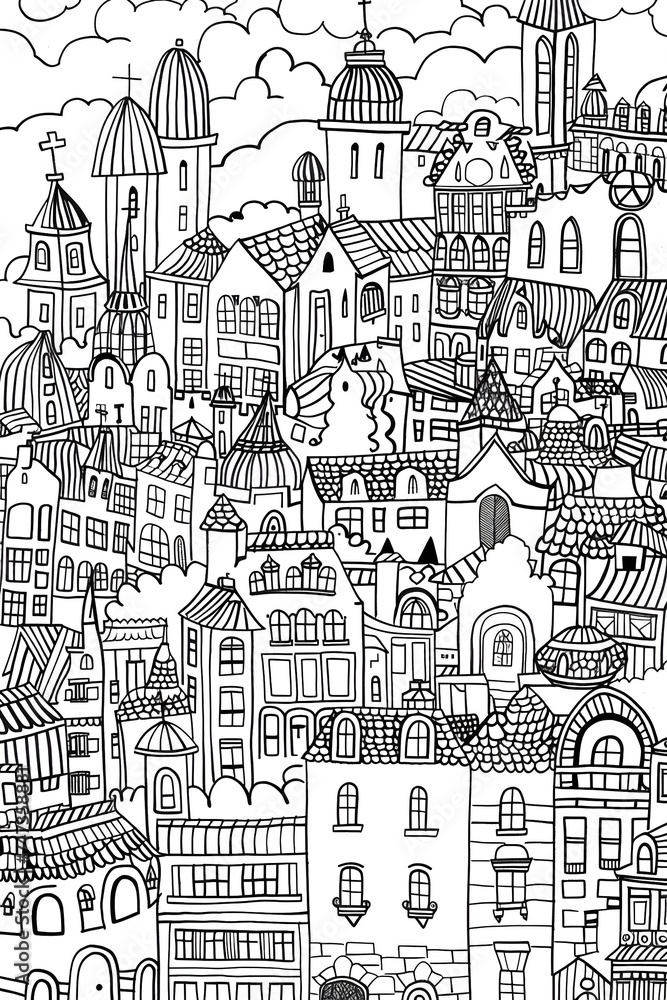 Urban Landscape Sketch, coloring page