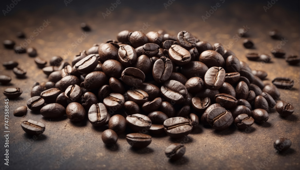 An image of a pile of freshly roasted aromatic coffee beans sprinkled against a dark background highlighting their rich color and texture An image of a pile of freshly roasted aromatic coffee beans sprinkled against a dark background highlighting their rich color and texture
