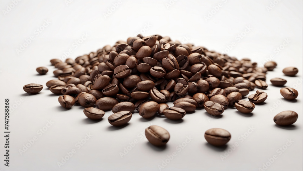 An image of a pile of fresh coffee beans neatly arranged on a light background, ideal for coffee advertising, cafe menu or packaging design An image of a pile of fresh coffee beans neatly arranged on a light background, ideal for coffee advertising, cafe menu or packaging design