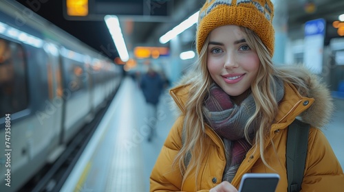 Young tourist woman at train station waiting to take a train and travel,  Using mobile phone and smiling, Tourism and lifestyle concept, Female texting on smart phone at subway station, generative ai