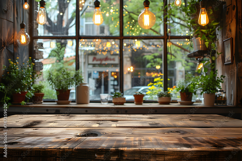Fototapeta premium empty wood table top and blur glass window interior restaurant banner mock up abstract background 