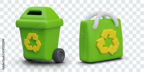 Closed trash can with recycling sign, green shopping bag. Set of vector realistic illustrations