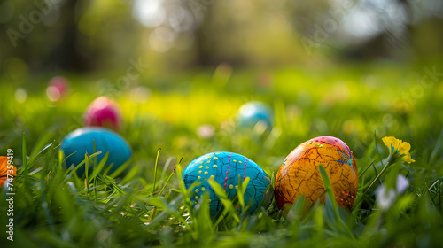 easter eggs on natural green lawn