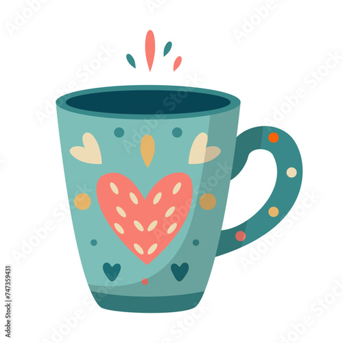 Mug with abstract floral design. Ceramic tableware. Cute dishes of different shapes and patterns. Vintage English teacup, coffee cup and kitchen mug, tea cup. Hand drawn color vector illustration.
