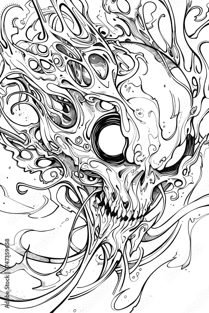 Black and White Drawing of a Skull, coloring page