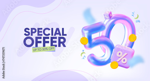 Special offer banner, 50% discount promotion. With confetti and coins. Discounts on gift certificates. For festive events. Birthday, March 8th, summer discounts. 3D creative vector template. photo