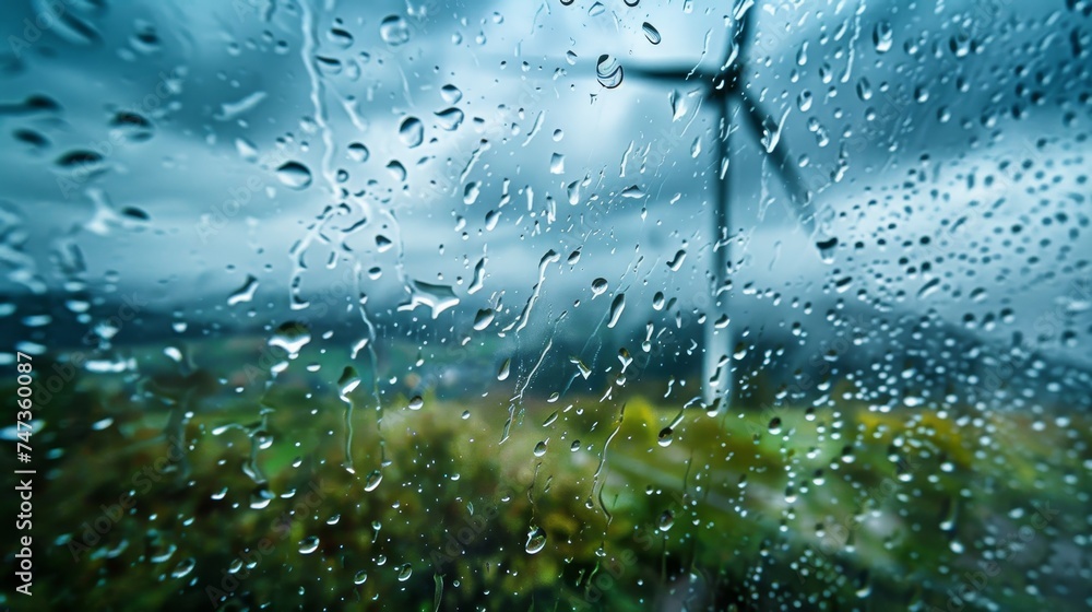 View through a rain-spattered window, focusing on a single wind turbine ...