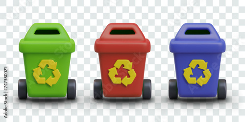 Set of garbage containers with wheels. Special containers for sorting garbage