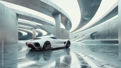Render of abstract futuristic architecture on concrete floor. Presentation of a car.