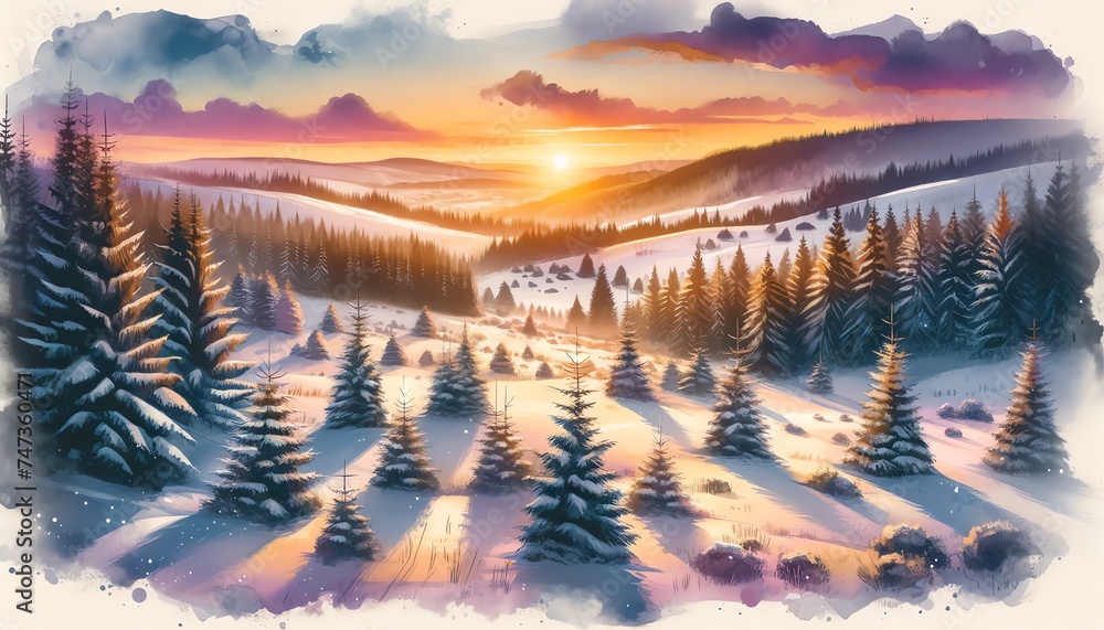 Watercolor of Winter Landscape of a Snowy Valley Covered by Coniferous Woods at Sunset
