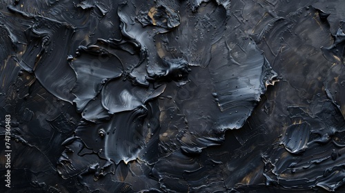 High-resolution image of abstract black textures on canvas  achieved through experimental oil brush and palette knife techniques  emphasizing artistic spontaneity and freedom