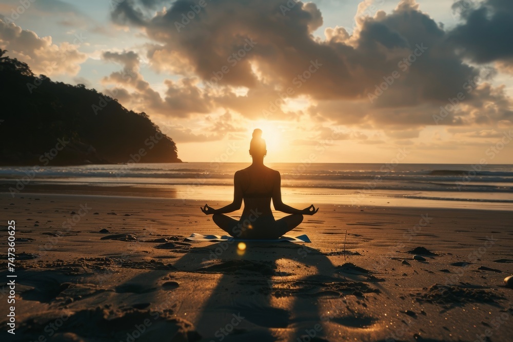 A calming silhouette of an individual in a meditative pose against the backdrop of a beach sunset A calming silhouette of an individual in a meditative pose against the backdrop of a beach sunset