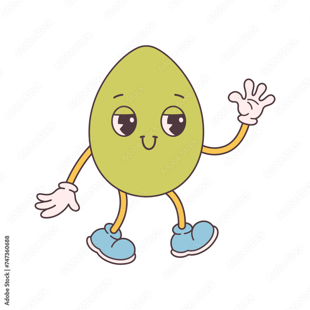 Trendy retro cartoon Easter egg character. Groovy style, vintage. Happy Easter. Vector illustration in flat style Trendy retro cartoon Easter egg character. Groovy style, vintage. Happy Easter. Vector illustration in flat style
