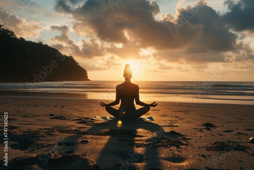 A calming silhouette of an individual in a meditative pose against the backdrop of a beach sunset