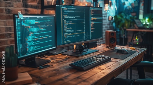 An inviting and warm programmer's desk space with two monitors displaying code, evoking a sense of productivity in software development or creative design photo