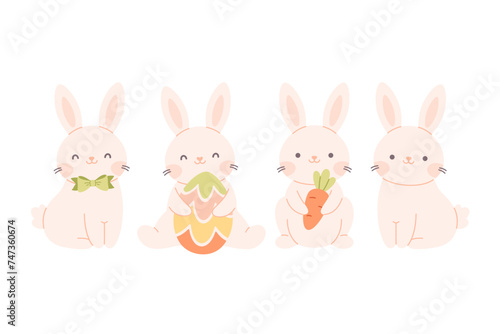 Cute bunnies collection. Easter white bunnies. Rabbit characters. Vector illustration in flat style