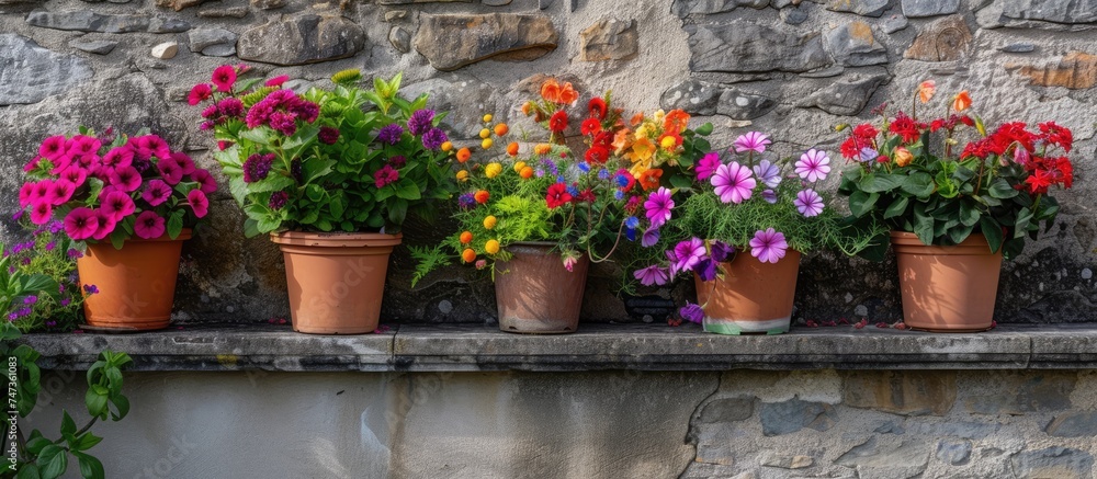 A row of colorful potted flowers perched on top of a stone wall in a springtime English garden. The vibrant blooms contrast beautifully against the gray stones under the bright sun.