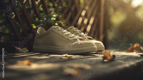 Classically styled sneakers placed thoughtfully in an outdoor setting surrounded by autumn leaves photo
