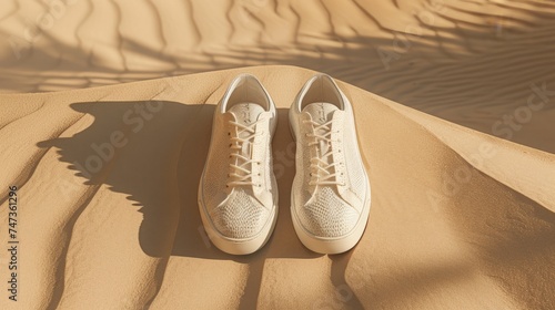 A modern pair of shoes perfectly placed on the smooth curves of a desert dune, symbolizing solitude and heat photo
