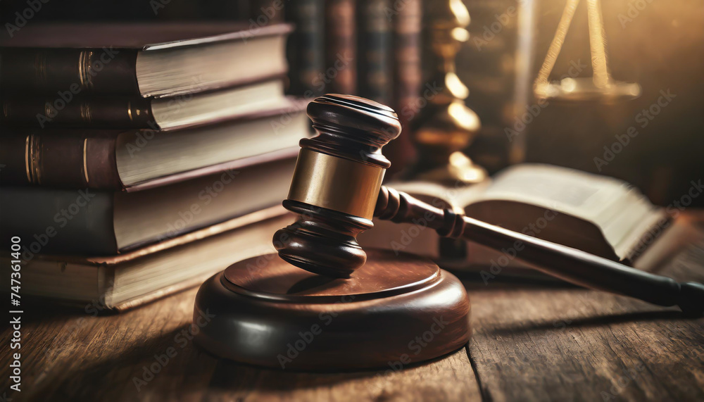 Wooden gavel and books on wooden table, law concept Wooden gavel and books on wooden table, law concept