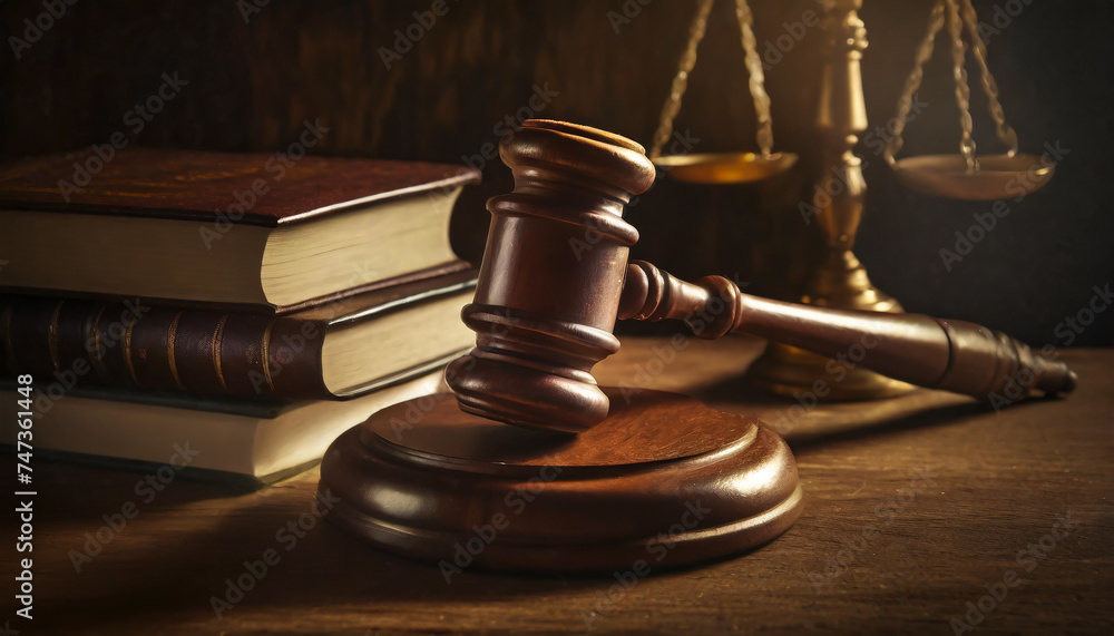 Wooden gavel and books on wooden table, law concept Wooden gavel and books on wooden table, law concept