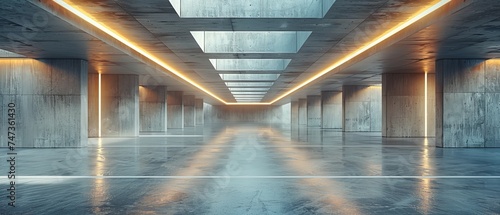 Detailed rendering of concrete architecture with car park and empty cement floor.