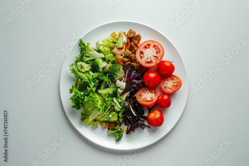 Overhead view of a plate filled with a mix of green lettuce, tomatoes, and croutons for a healthy meal choice