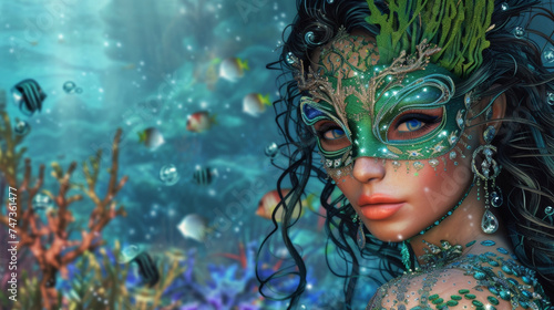 A mystical mermaid dd in shimmery green and blue fabrics with a seaweedinspired mask adorning her face. In the background a sparkling underwater kingdom with vibrant coral © Justlight
