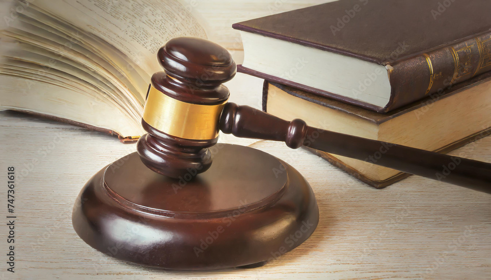 Wooden gavel and books on wooden table, law concept Wooden gavel and books on wooden table, law concept
