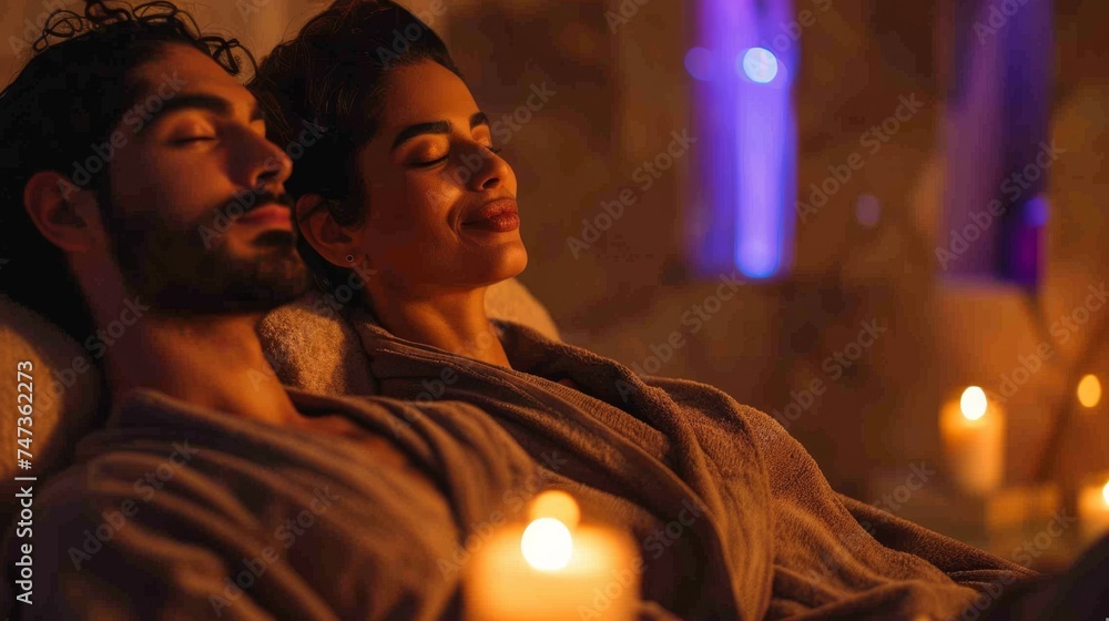 Relaxed Couple Enjoying Spa Ambiance, Wellness Concept