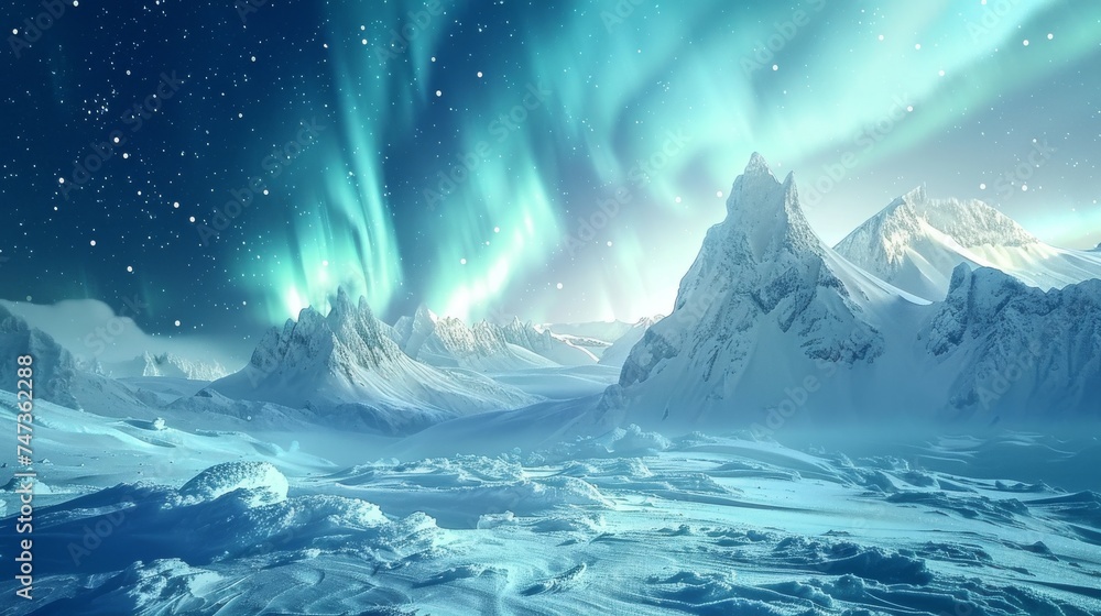 Magical winter landscape with aurora borealis and ice crystals.