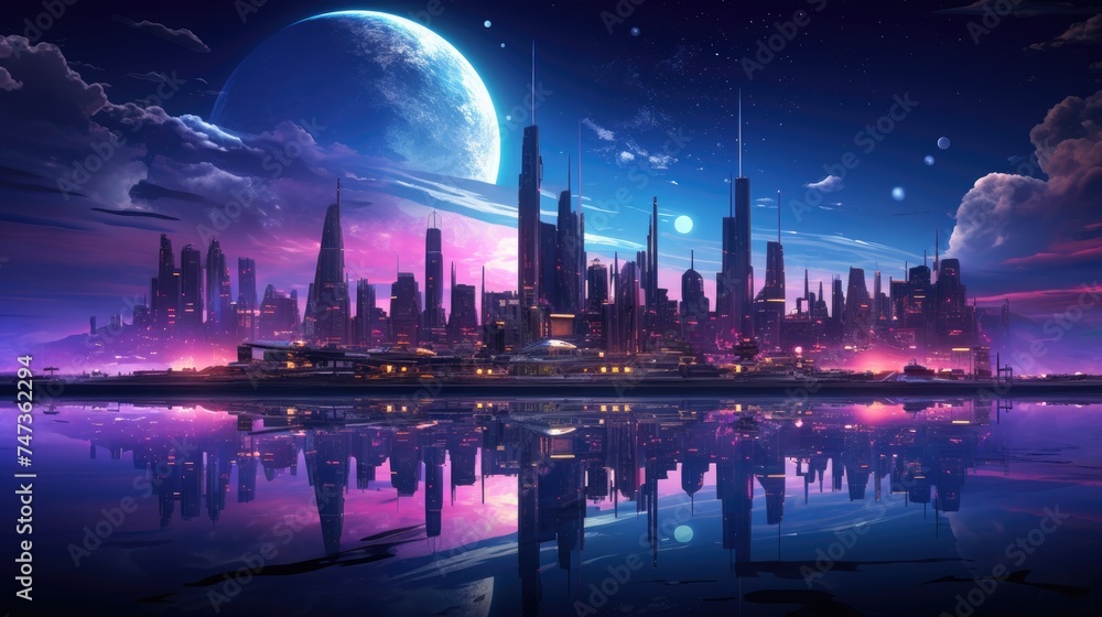 Fototapeta premium Futuristic city with vibrant dawn colors reflecting in serene waters