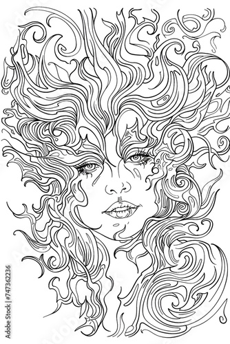 Drawing of a Womans Face With Wavy Hair, coloring page